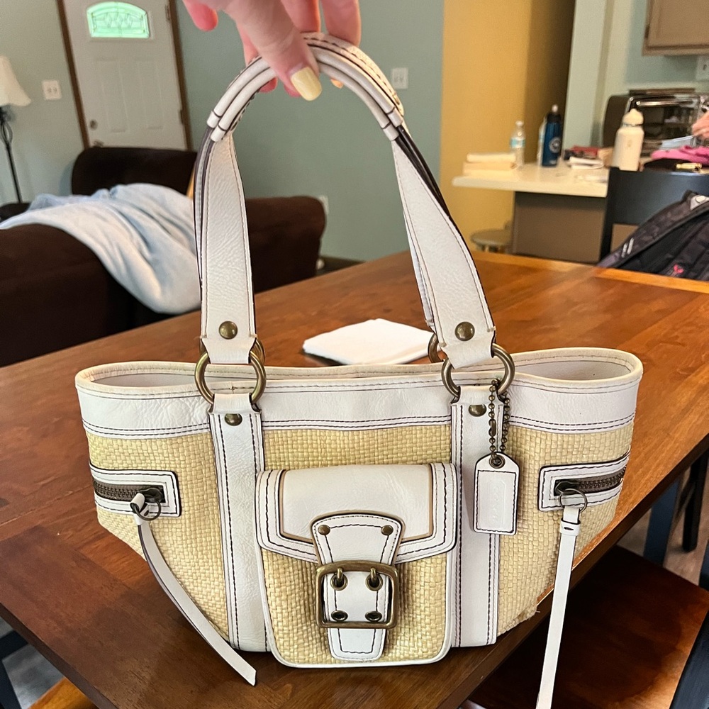 Rattan and white leather COACH shoulder bag